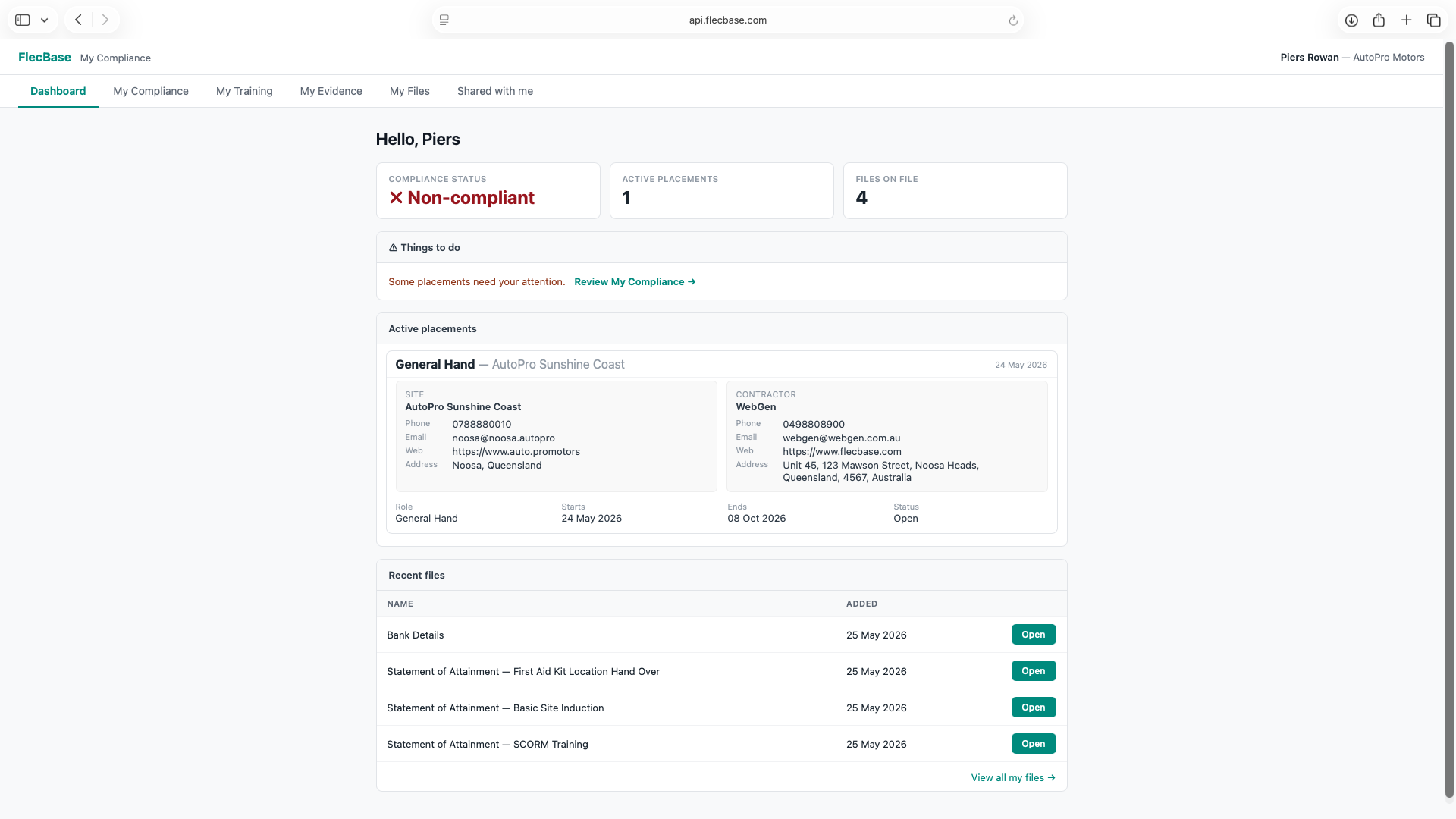 Worker portal — dashboard