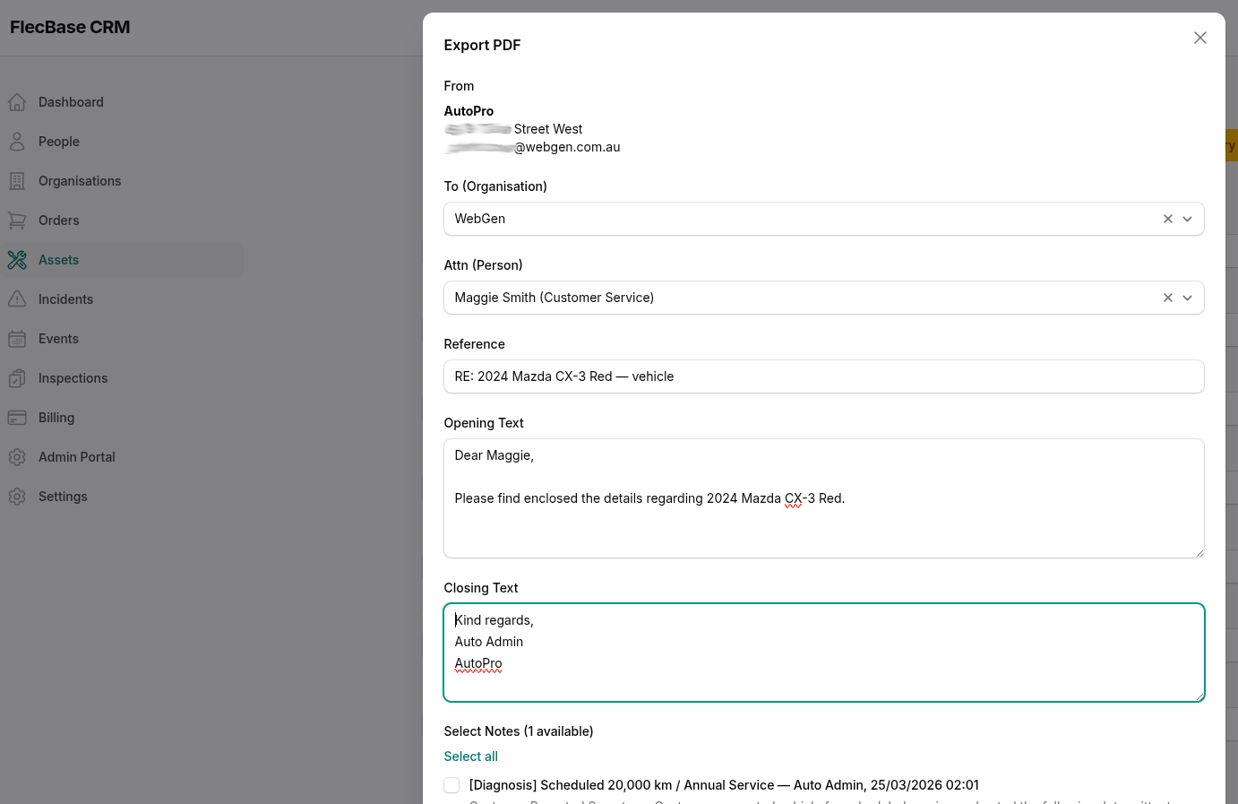 PDF export dialog — choose sections to include