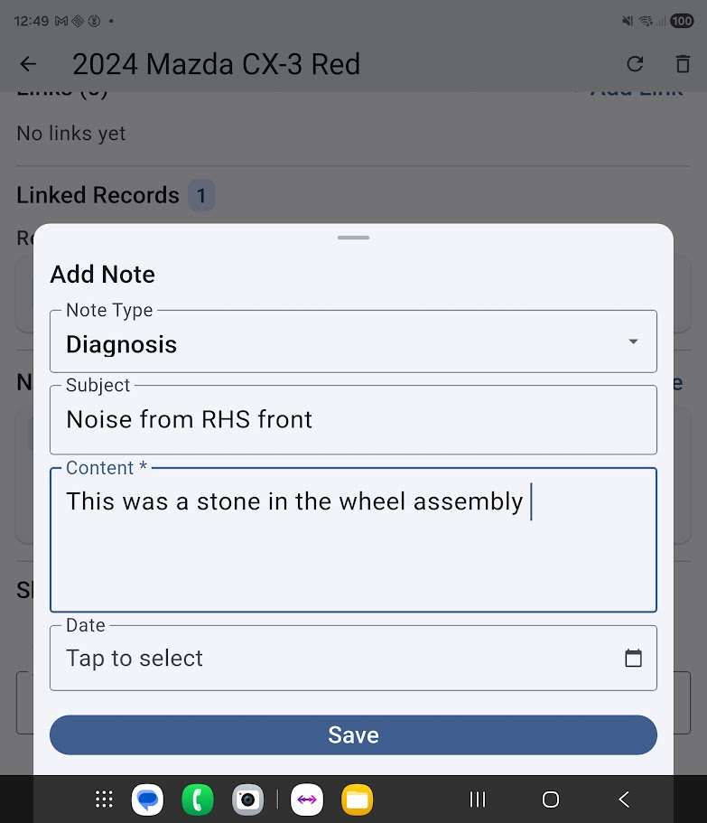 Record in the mobile app with attached photos and notes