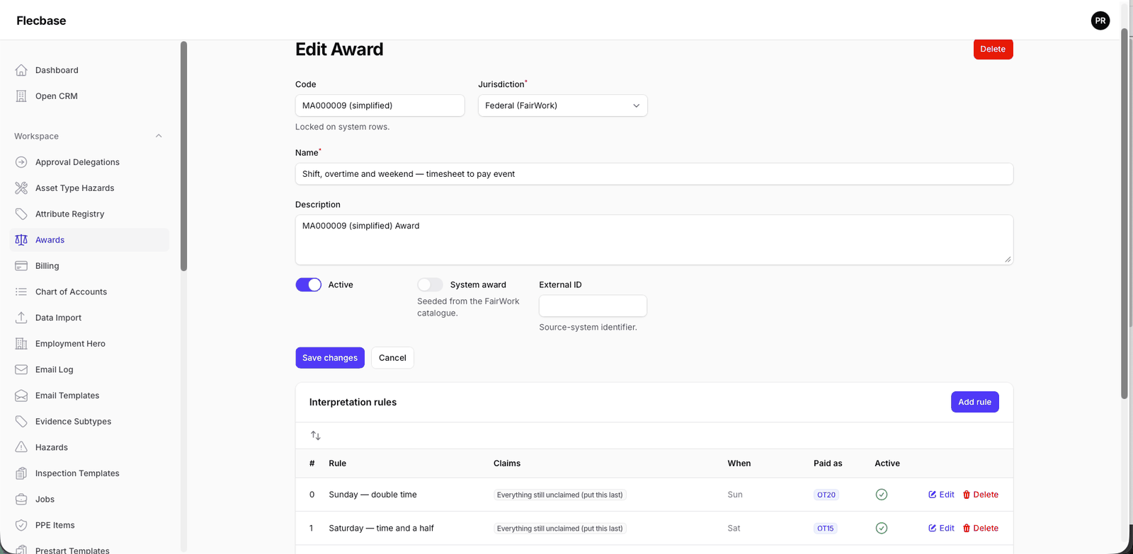 Award rules in FlecBase, which decide the pay category for each day.