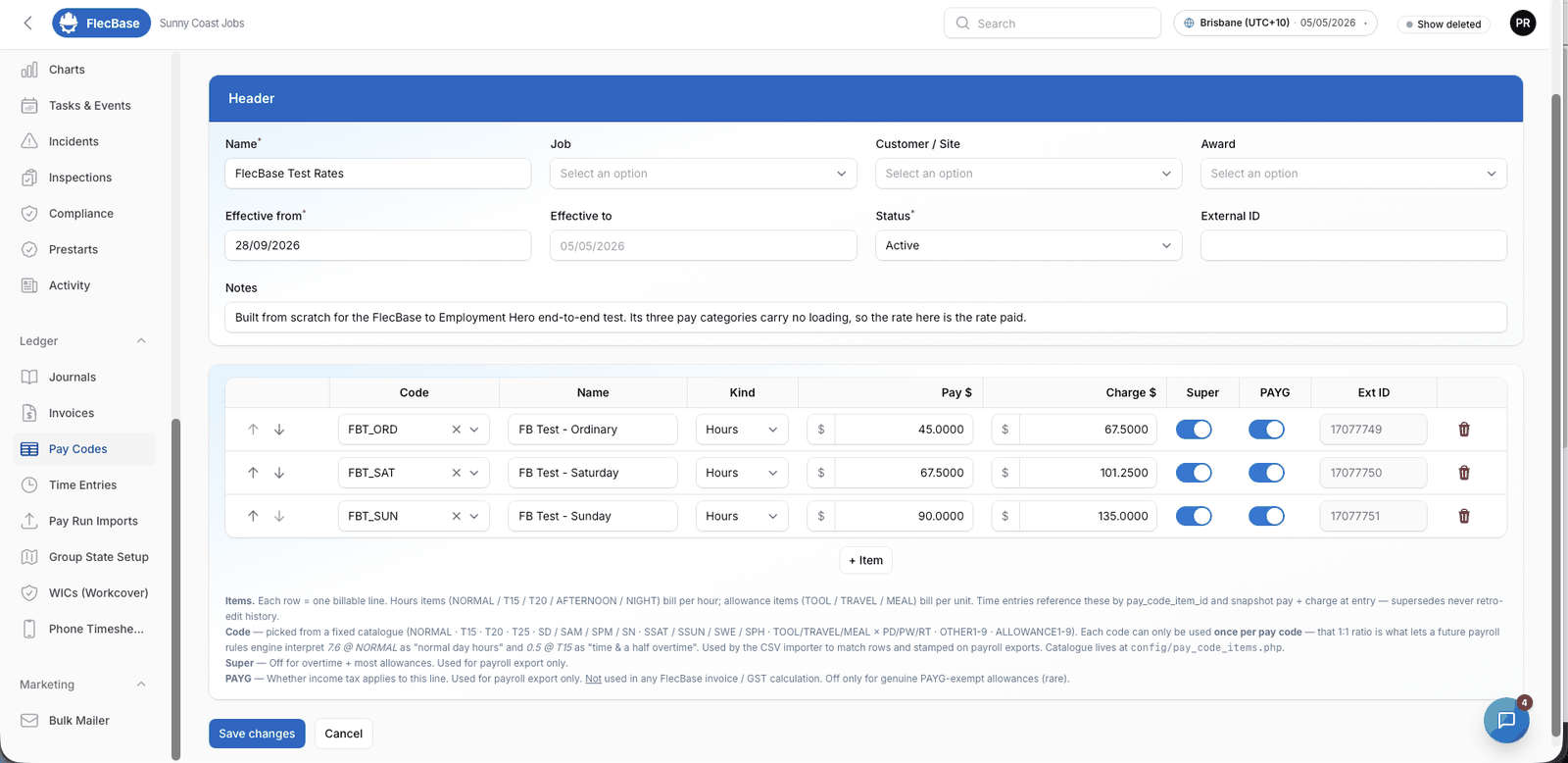 Pay code items mapped to Employment Hero pay categories.
