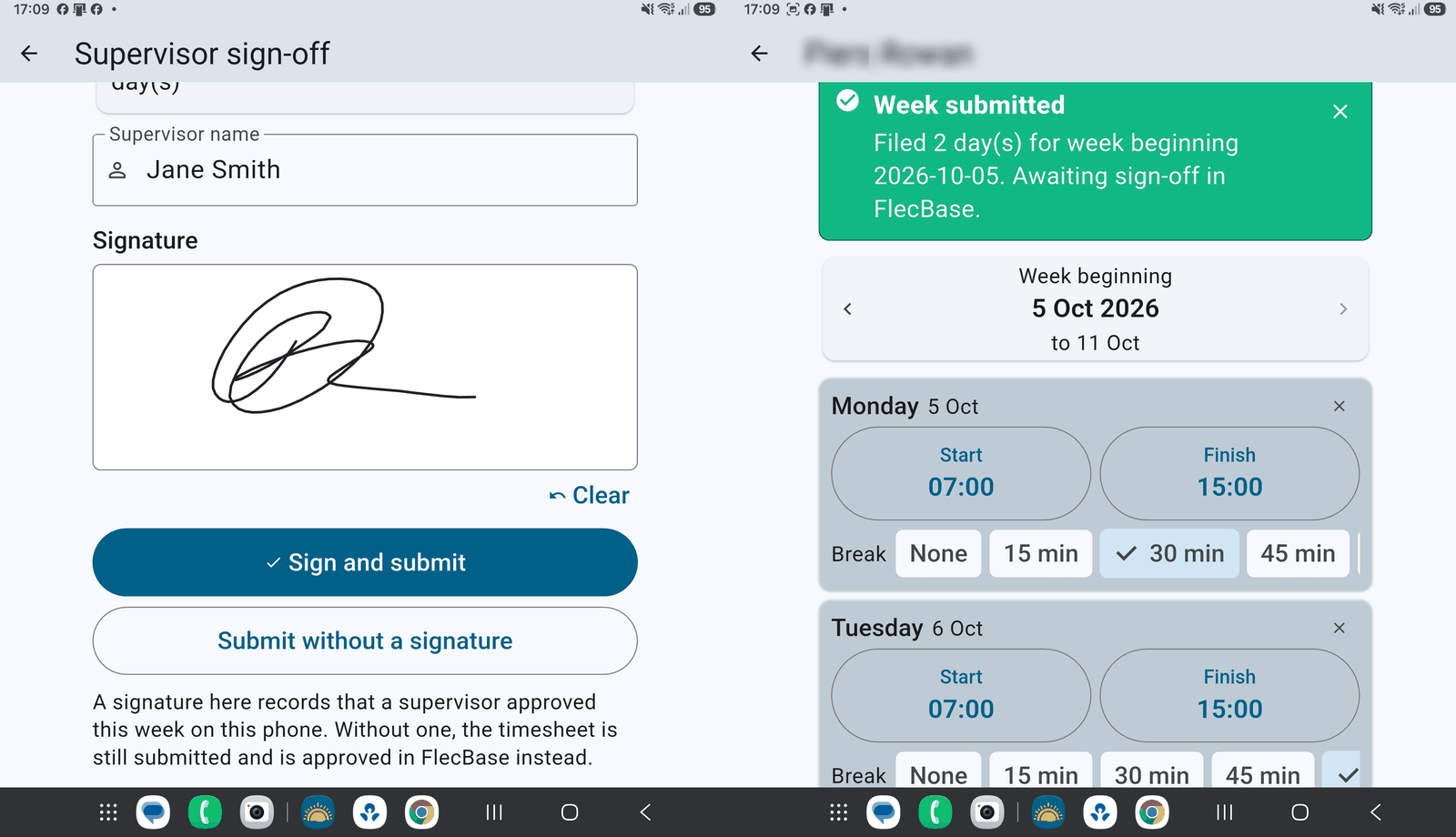 A worker filing a week of hours in the phone app.