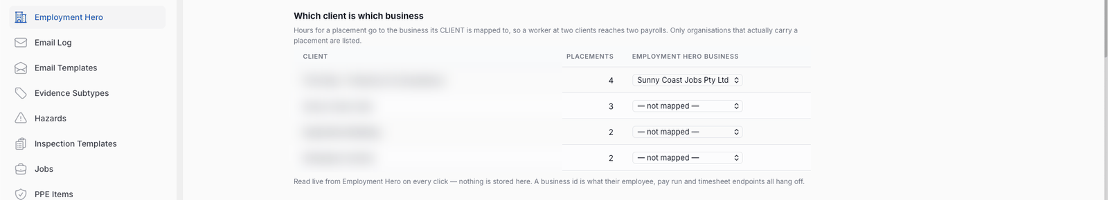 Which client is which business: every FlecBase client carrying a placement, the number of placements, and the Employment Hero business its hours go to.