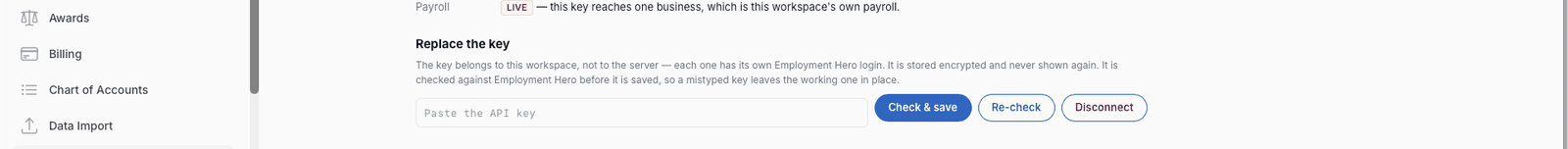 Replacing the Employment Hero API key: the key is checked against Employment Hero before it is saved, so a mistyped one leaves the working key in place.