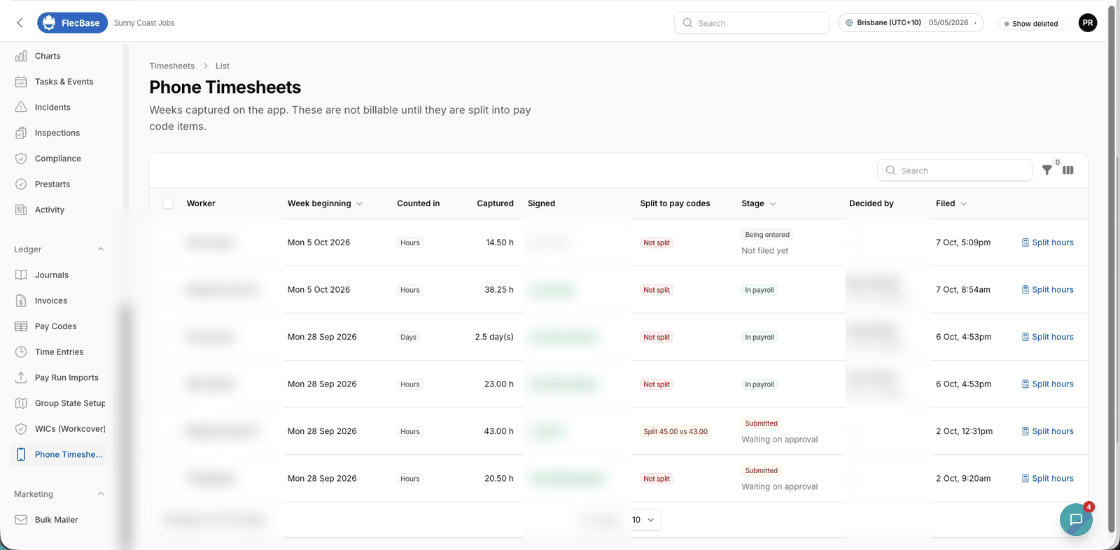 The timesheets list showing each week's submission and approval status.