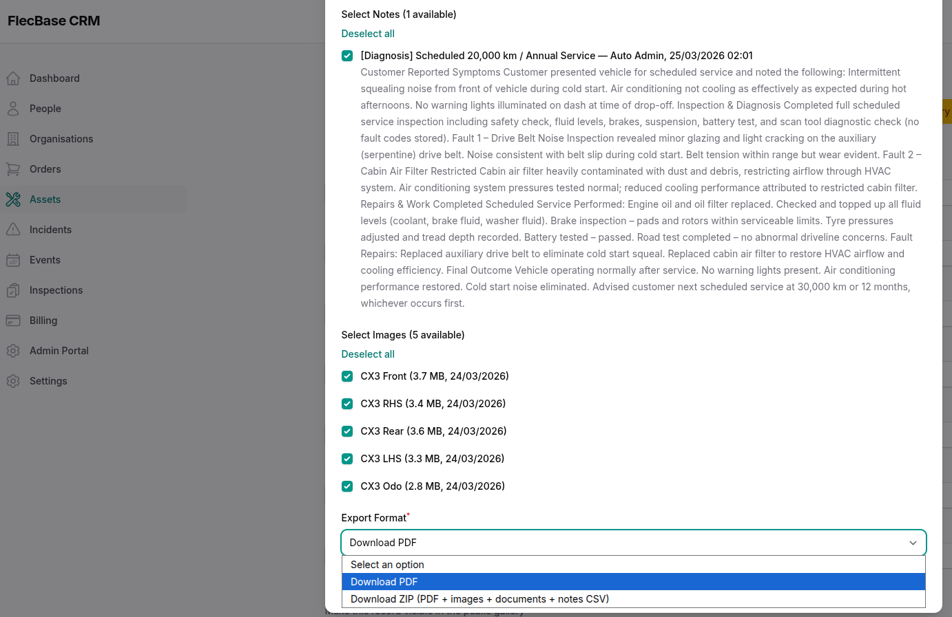 PDF export dialog — image selection